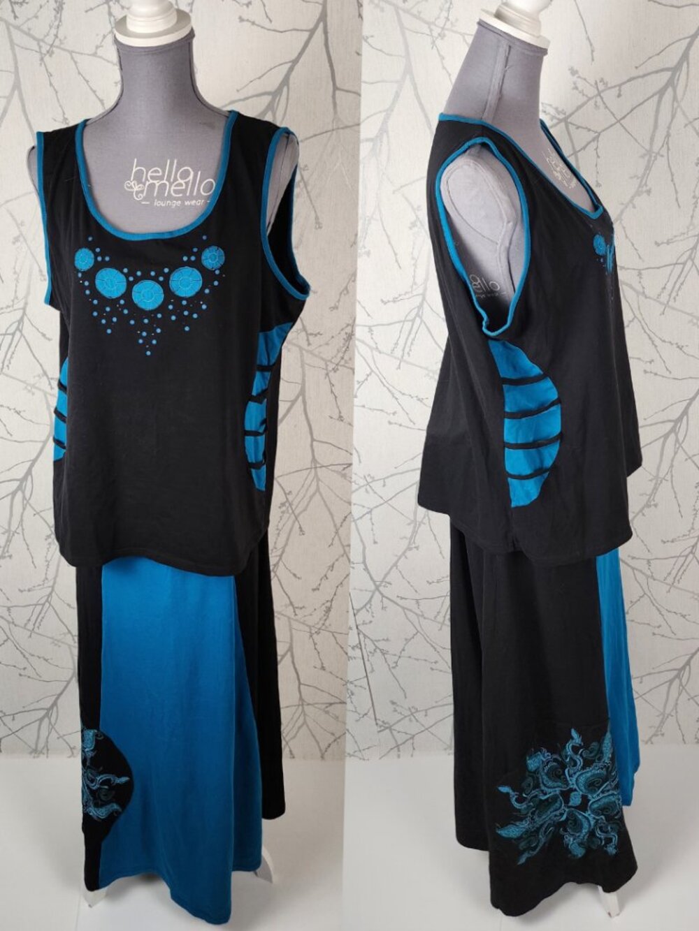 Coline Black Turquoise Art To Wear Cotton Tank & Skirt Set